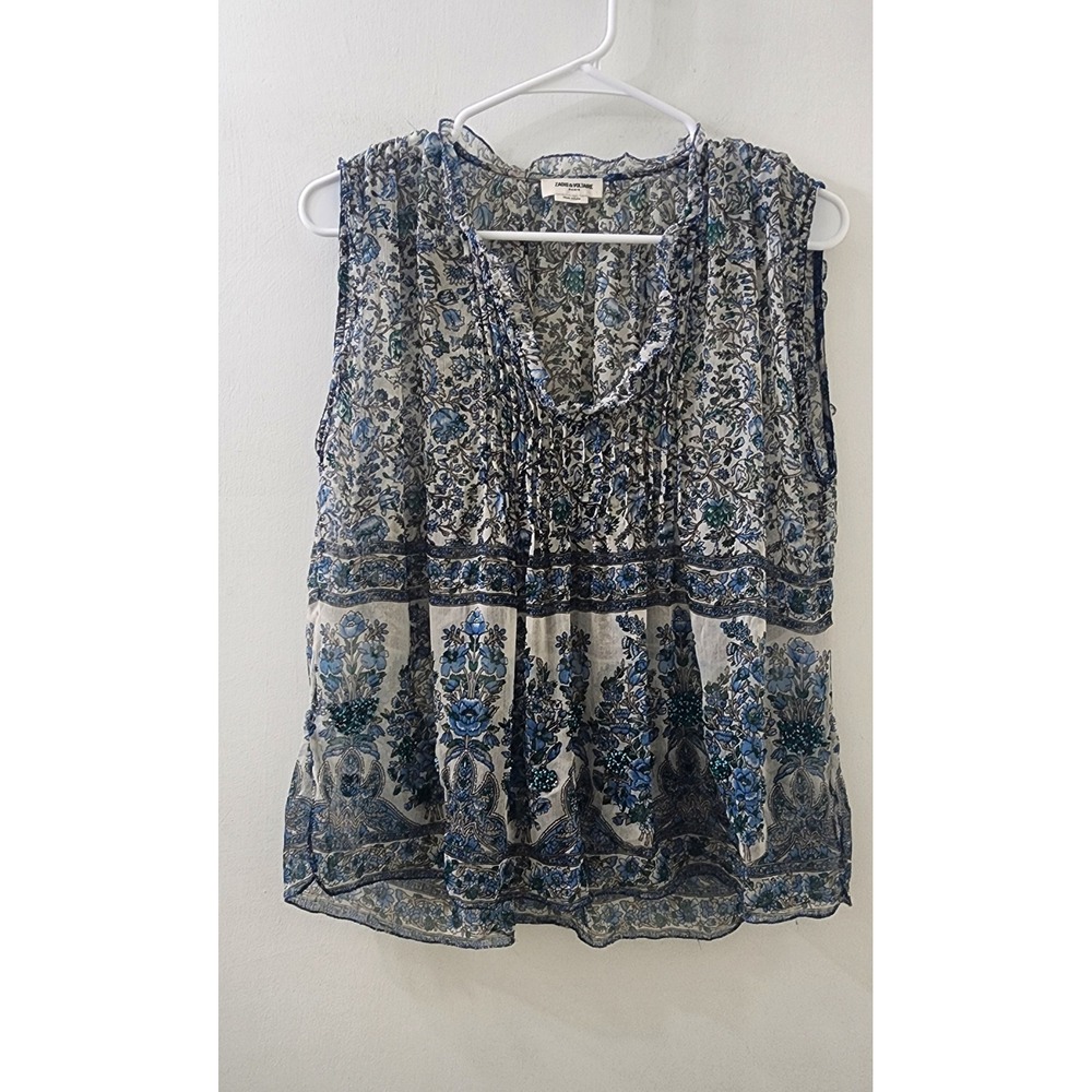 Zadig & Voltaire Blue Floral Beaded Sleeveless Blouse Sheer Pleated Top